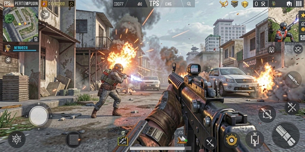 Gameplay seru C0077 dengan aksi tembak-tembakan yang intens.