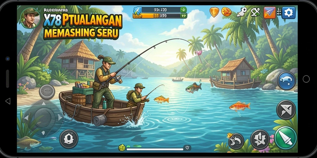 Screenshot gameplay X78 dengan aksi memancing yang mendebarkan.